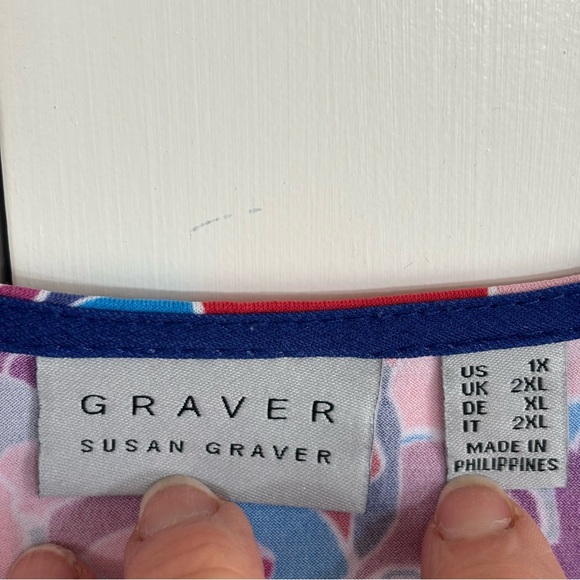 Susan Graver Fuchsia Blue Floral Liquid Knit Stretch Tunic Ruched L/S Sz 1X Top - Picture 5 of 9